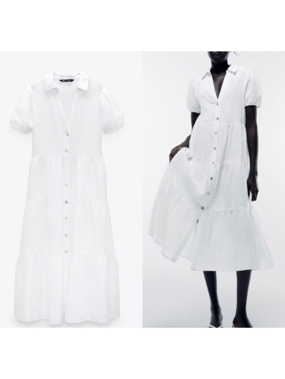 Zara Med White Tiered Button Maxi Dress Cotton Linen Minimalist Sundress